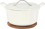 Bloomhouse 7 Qt Cast Iron Dutch Oven W/Embossed Lid, European Enamel, & Walnut Wood Trivet - Oat Whi