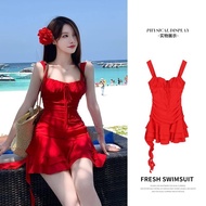 【with flower headwear】Red Swim Dress Swimsuit for Women Beach Swimwear Women Swimming Outfit With Br