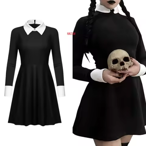 Movie the Addams Family cosplay costume Wednesday Addams black dress