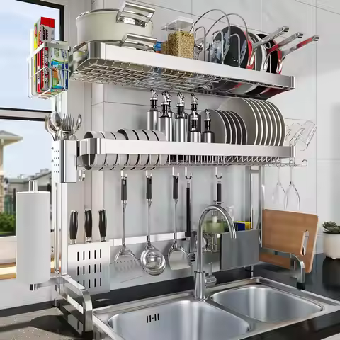 Adjustable Over Sink Dish Drying Rack, 3-Tier Stainless Steel, Expandable 25.98-37.6 Inch, Large Sto