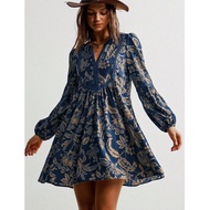 Striped Lace V-Neck Casual Long Sleeve Classic Coffee Color Dress, Bohemian Style For Easter Beach, 