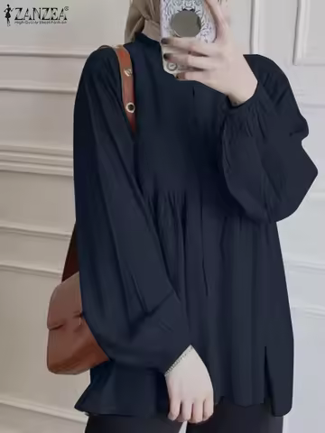 ZANZEA Muslim Hijab Tops Fashion Solid Shirt Female Work Blusas Abaya Isamic Clothing Women's Pleate