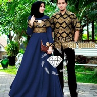 Terbatas. Promo Raya - Sarimbit Couple Navy Gold Batik Terbaru Lebaran 2023 Kemeja Koko Dan Gamis 2 