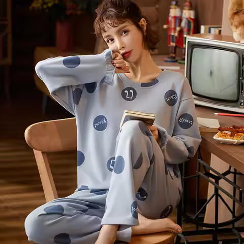 Autumn Sleep Lounge Pajama Long Sleeved Top Polka Dots Women Pajama Sets Cartoon Pyjamas Cotton Slee