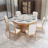 ST/🏮Nordic Marble Dining Tables and Chairs Set Solid Wood Lazy Susan Table with Induction Cooker Dining Table Home round