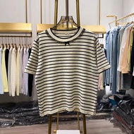 Women's round neck sweater with horizontal stripes and lovely lace bow, thin mongtoghi wool for summ