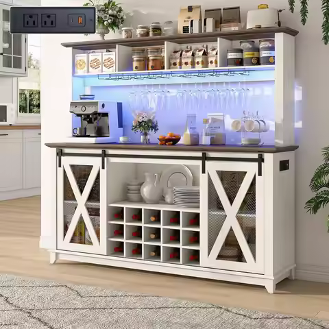 58H Farmhouse Coffee Bar Cabinet with Power Outlet and LED Light,Wine Bar Cabinet w 4 Storage Hutch,