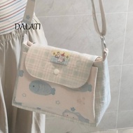 DALATI Milk fufu Blue Fish Messenger Bag Soft Cute Cat Label Lattice Flap Bag Student Daily Commuter