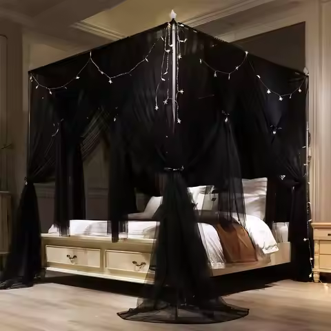 Double Layer Princess Bed Canopy Curtain with Mosquito Net for Girls and Adults, Black, 53"W x 78"L 