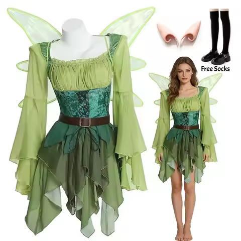 Women Elf Fairy Costume Green Medieval Dress with Wings Belt Halloween Cosplay Outfit Fairy Party Dr