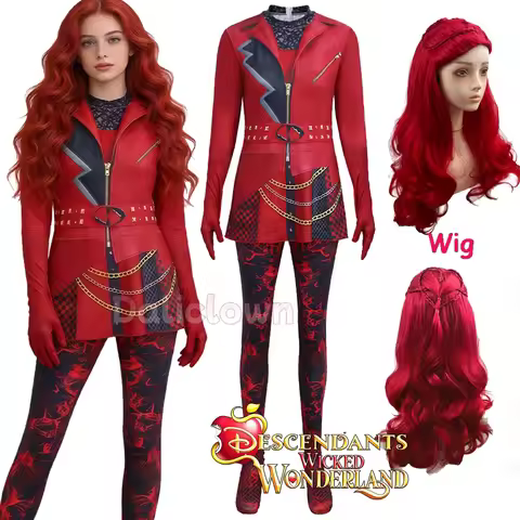 Descendants 5 Wicked Wonderland Red Costume Kids Adult Cosplay Princess Dress Jumpsuit Wig Party Hal