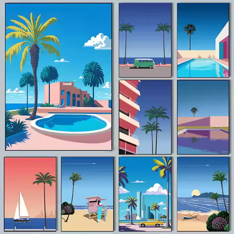 Hiroshi Nagai Vaporwave Japan Beach City Summer Wall Art Diamond Painting Prints Posters Wall Pictur