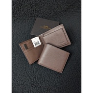 Coach Men's Short Wallet F74991 Compact ID in Sport Calf Leater with Dark Brown Color