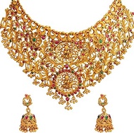 Traditional Indian Gold Plated Kundan Ethnic Bridal Choker Jewellery Set with Mathing Jhumka Earrings for women ( SJN_138), Brass, Cubic Zirconia