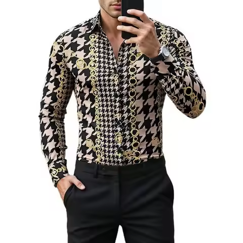 Luxury 3D Printed Khaki Men Shirt Autumn Turndown Collar Button Handsome Male Casual Shirts Plus Siz