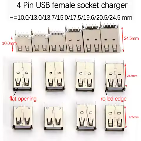 10PCS USB 2.0 Female Socket Connector 10.0/13.0/13.7/15.0/17.5/19.6/20.5/24.5 MM Straight Plug Charg