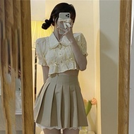 韩系甜美少女复古蕾丝花边娃娃泡泡短款上衣百褶半身裙套装夏季20250610