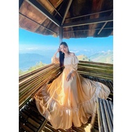 M27 (free dress adjustment) yellow checkered maxi dress with white lace off-the-shoulder big flared 