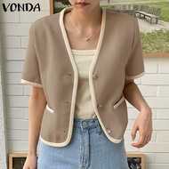 เสื้อคาร์ดิแกนแขนสั้นสำหรับเดินทางเสื้อคลุมสูทมีกระดุมแบบแฟชั่นสำหรับผู้หญิงของ VONDA (ลำลองสไตล์เกาหลี)