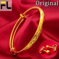 100% Original Pure Real Gold 18k Pawnable Saudi Bangle Bracelet for Women Dragon and Phoenix Adjustable Lucky Charm Bracelet with Blessing Buy 1 Take 1 Earrings Set Legit Valintines Gift for Wife Gift for Mother