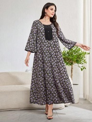 SHEIN Najma Vestido largo y elegante Abaya para mujer con estampado floral y mangas acampanadas sueltas