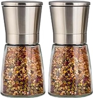 Professional Salt and Pepper Mills - Premium Set of Salt and Peppercorn Grinders with Adjustable Ceramic Coarseness - Brushed Stainless Steel and Glass Body Shakers