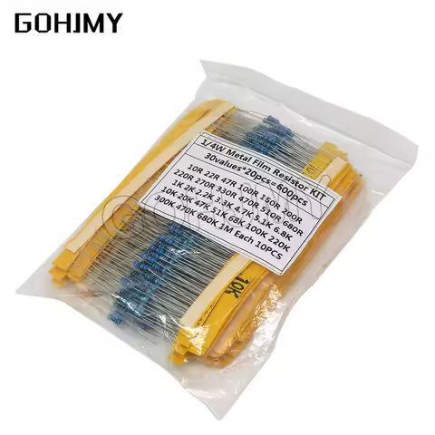 600pcs/set 30 Kinds 1/4W Resistance Metal Film Resistor Pack Assorted Kit 1% 1K 10K 10K 100K 220ohm 