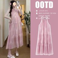 ((Maternity Dresses) Maternity Dresses French Chiffon Long Pink Vest Dress Large Size Loose 2025 Hig
