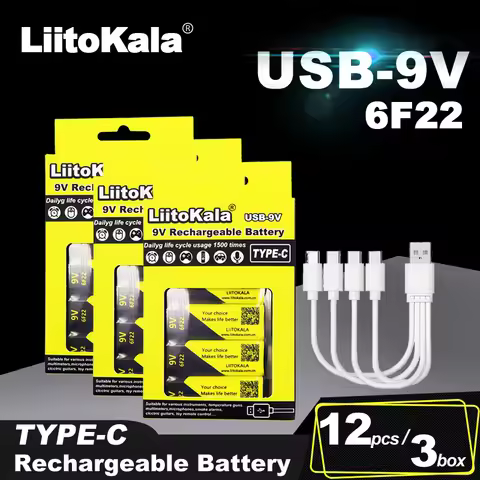 12pcs LiitoKala USB 9V Lithium-ion Battery 9V 1100mAh Low Self-discharge Li-ion Rechargeable Batteri