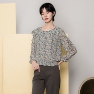 【MEDUSA】荷葉圓領灰藍碎花雪紡上衣(M-2L) | 女上衣 長袖上衣