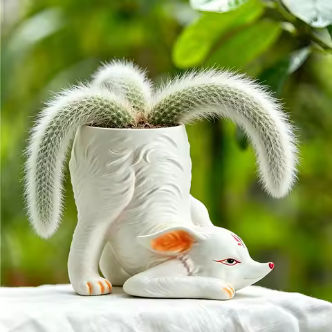 Cute Nine Tails Fox Shaped Ceramic Planter Pot for Monkey Tail Cactus Succulent Plant Indoor Home De