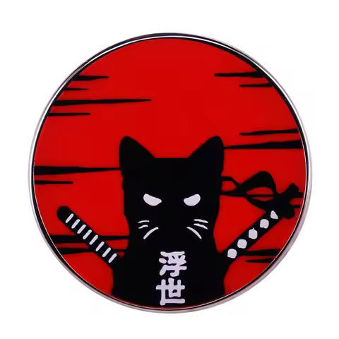 Shadow Samurai Cat Pin Brooch Ukiyo-e Badge