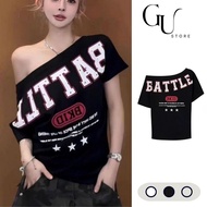 Short Sleeve Off Shoulder Oversize T-shirt with Outstanding BATTLE Letter Print GU STORE