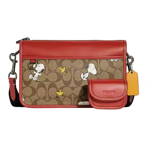 COACH X Peanuts Snoopy Collaboration Heritage Coated Canvas With Calfskin Crossbody Bags Women's Bro