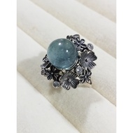 (R326) AQUAMARINE NATURAL GEMSTONE ADJUSTABLE S925 SILVER RETRO FLOWER RING 海蓝宝天然宝石可调节银复古花朵戒指 CINCIN PERAK BATU BIRU