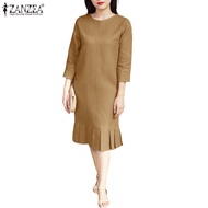ZANZEA Women Korean Elegant Crew Neck 3/4 Sleeve Pleats Hem H-Type Midi Dresses