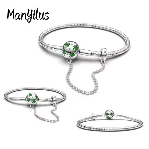 Manyilus 925 Sterling Silver Green Clover Enamel Snake Chain Bracelet Safety Chain Lucky Four‑Leaf C