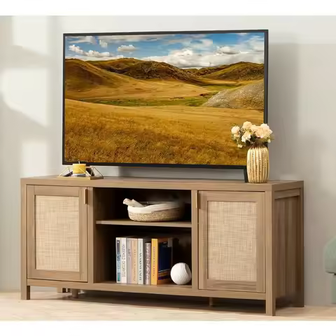 TV Stand for Living Room : Rattan TV Console Cabinet with Storage and Shelf, Boho Entertainment Cent
