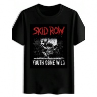 Men's Vintage Rock Band Graphic T-Shirt - Black Distressed Skull & "SKID ROW YOUTH GONE WILD" Print,