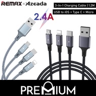 REMAX Azeada Fast Speed Series 1.2M PD-B52th 3 in 1 2.4A Charging Cable Multi Head End Ends Compatible with phone  USB iP 13 12 Pro Max Mini NEW SE 2022 2020 2nd Gen 11 Xs Max XR Xs X 8 8 Plus 7 Plus iPd Micro USB Samsung Xiaomi USB Type C