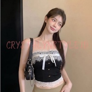 *CRYSTALYN* Tube Tube Top Girly Crop Top With Lace Butterfly Button