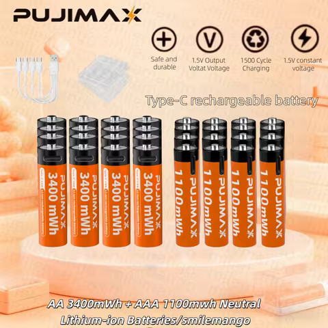4-20PCS 1.5V AA&AAA Rechargeable Lithium Battery 3400mWh/1100mWh, Type-C Port Charging Be Reused 150