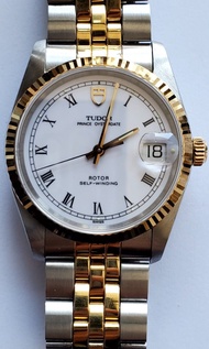 Tudor Prince Oysterdate 74033  刁陀 （帝舵） 罕有絕版白面羅馬數字金鋼自動日曆錶 rotor self-winding ，勞的勞底，34mm 中裝，原裝錶帶共18格，錶身編號 B462120 （參考年份約 1992）