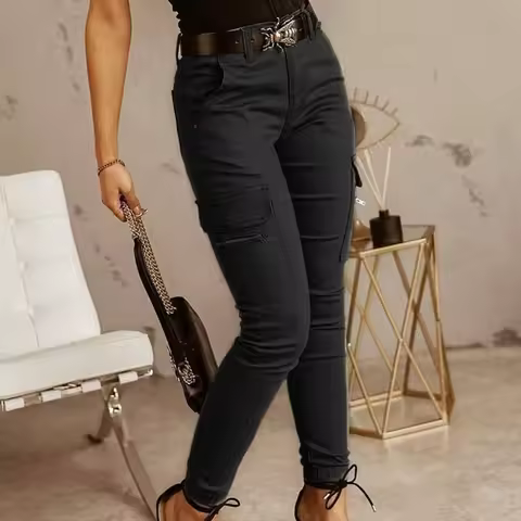 Casual Solid Pocket Slim Cargo Pants for Women Korean Popular Women's Clothes Y2k Women's Pants Spri