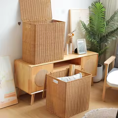 Imitation wicker rattan basket with cover kids Clothing toys cabinet picnic fruit laundry organizer 