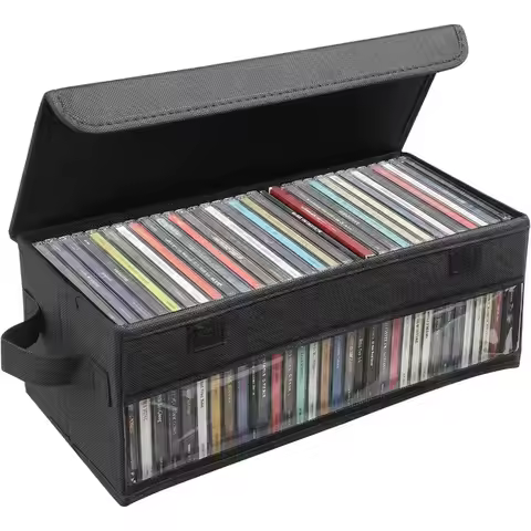 CD Storage Box Stackable With Handle Holds 64 CD/DVD Jewel Case Organizer Holder