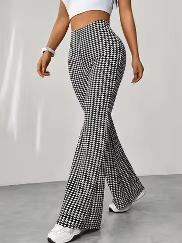 Elastic high waisted herringbone printed flared pants, fashionable casual pants, comfortable micro f