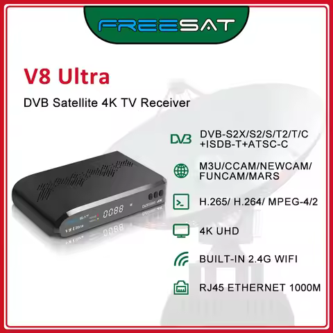 FREESAT V8 Ultra Satellite Receiver 4K UHD TV Decoder DVB-S2X/S2/S/T2/T/C H.265 Wifi 1000M LAN USB S