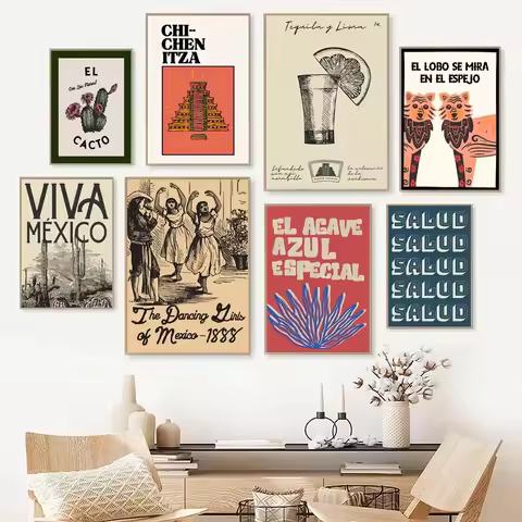 Mexico Wall Art Set Prints Mexican Travel Poster Vintage Tequila Canvas Painting Bar Cart Decoration