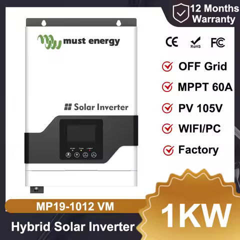 MUST Energy 1KW 12V 230V Home MPPT Hybrid Solar Inverter MPPT 60A PV 105V Pure Sine Wave Solar Syste